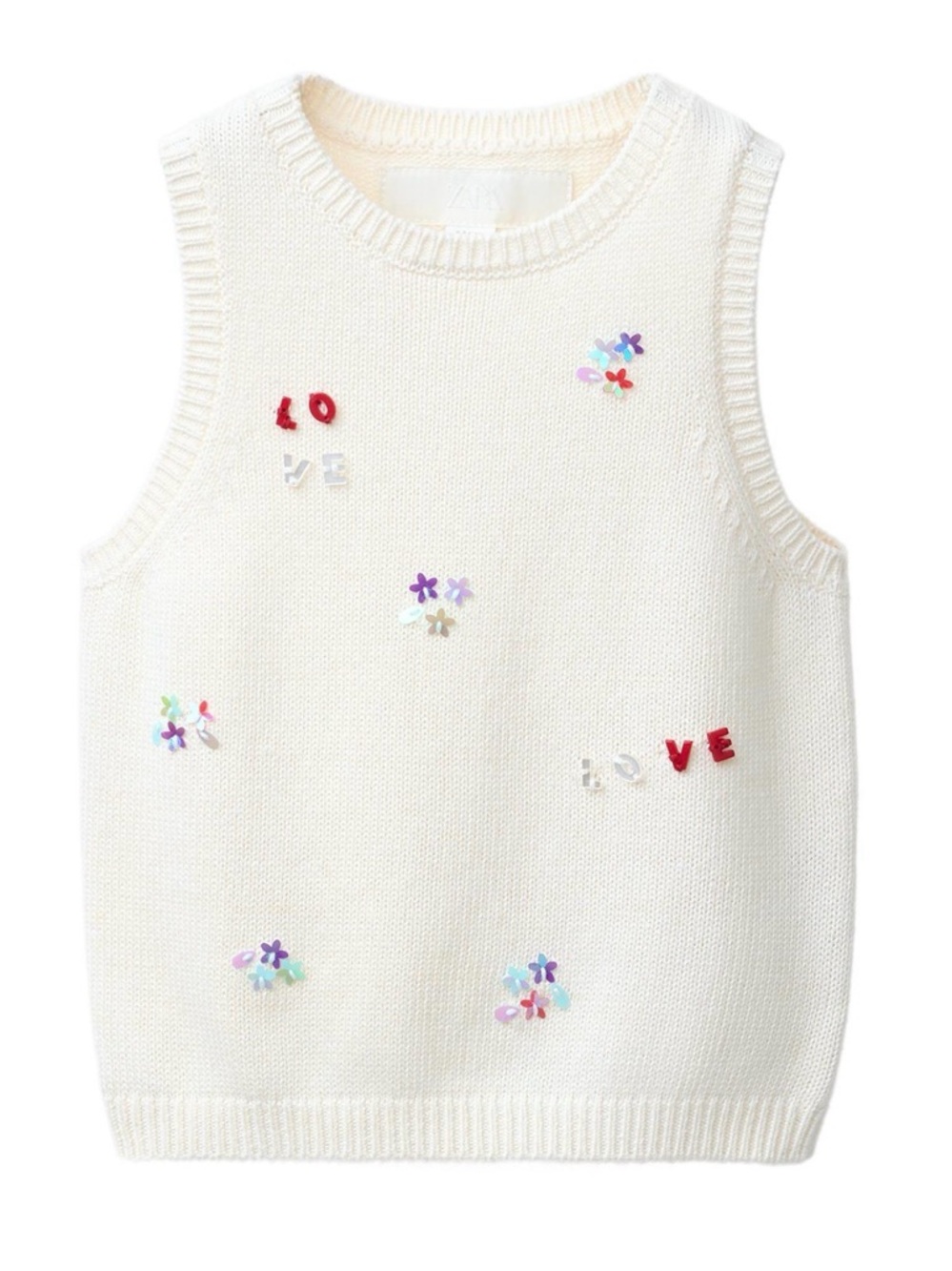Zara Cream Knit Kids Vest with Sequin Flower and 'LOVE' Accents